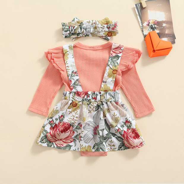 FLORAL & RUFFLED BOWY JUMPER + SUSPENDERS + HEADBAND SET BABY VIBES & CO.