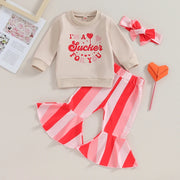 Toddler Baby Girls Valentine's Day Sets Long Sleeve Heart Letter Print Sweatshirt Striped Flared Pants Headband Sets BABY VIBES & CO.