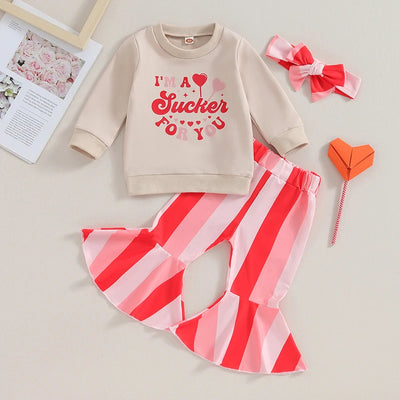 Toddler Baby Girls Valentine's Day Sets Long Sleeve Heart Letter Print Sweatshirt Striped Flared Pants Headband Sets BABY VIBES & CO.