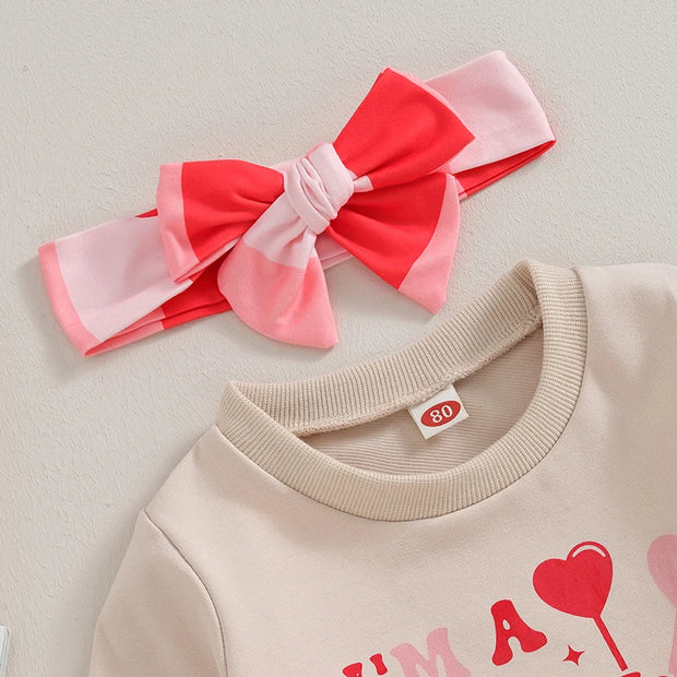 Toddler Baby Girls Valentine's Day Sets Long Sleeve Heart Letter Print Sweatshirt Striped Flared Pants Headband Sets BABY VIBES & CO.