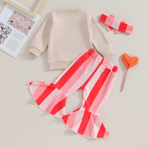 Toddler Baby Girls Valentine's Day Sets Long Sleeve Heart Letter Print Sweatshirt Striped Flared Pants Headband Sets BABY VIBES & CO.