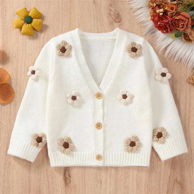 Hand Knit Flower Stitched Baby Girl Button Down Cardigan Sweater BABY VIBES & CO.
