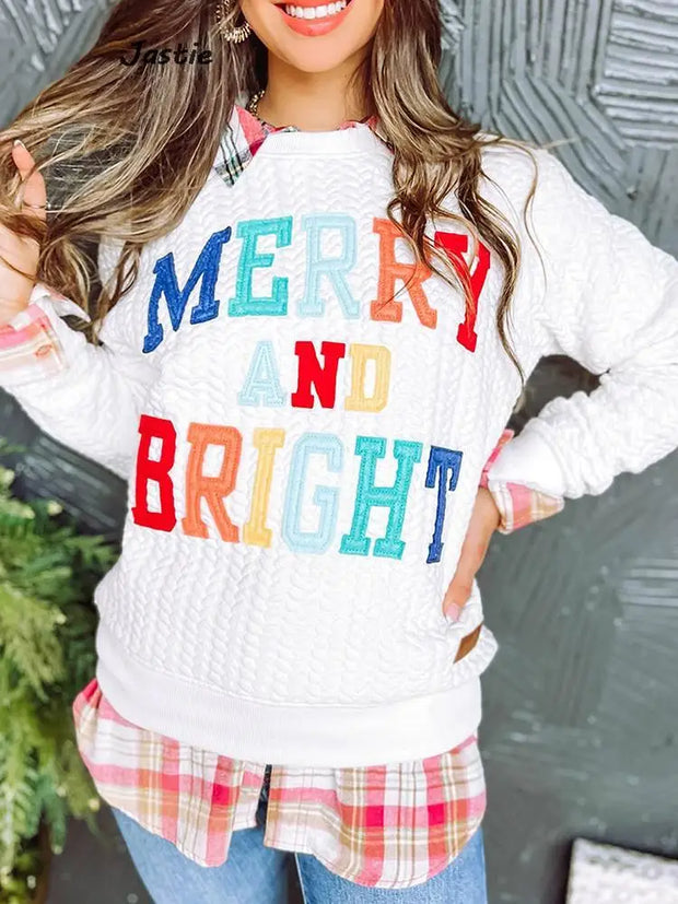 Merry & Bright Multi-Color Lettered Patch White Long Sleeve BABY VIBES & CO.