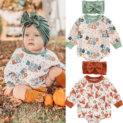 FOCUSNORM 2pcs Infant Baby Girls Boys Cute Romper Hairband 0-18M Flowers/Letter Printed Long Sleeve Sweatshirt Jumpsuit BABY VIBES & CO.