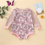 2022 0-24M Baby Girl Romper Sweet Round Neck Long Sleeve Rainbow Flower Letter Pattern Jumpsuit Spring Fall Elastic Cuff Outfit BABY VIBES & CO.