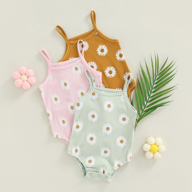 Baby Girls Spaghetti Strap Daisy Print Ribbed Bodysuit Baby Vibes & Co.