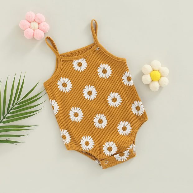 Baby Girls Spaghetti Strap Daisy Print Ribbed Bodysuit Baby Vibes & Co.