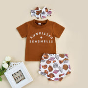 FOCUSNORM Summer Baby Girls Boys 3pcs Clothes Sets 0-24M Letter Short Sleeve Brown T Shirts+Shell Print Casual Shorts BABY VIBES & CO.