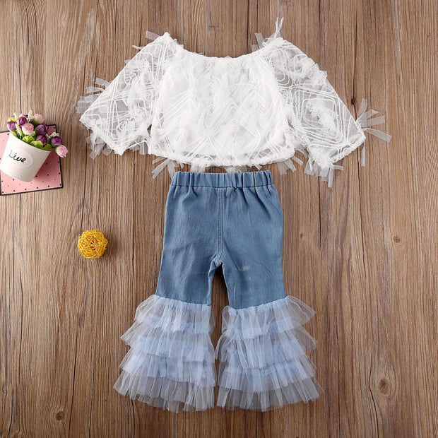 Lacey White Crop Top & Frill Denim Flares 2 PC Set 2T-6T BABY VIBES & CO.