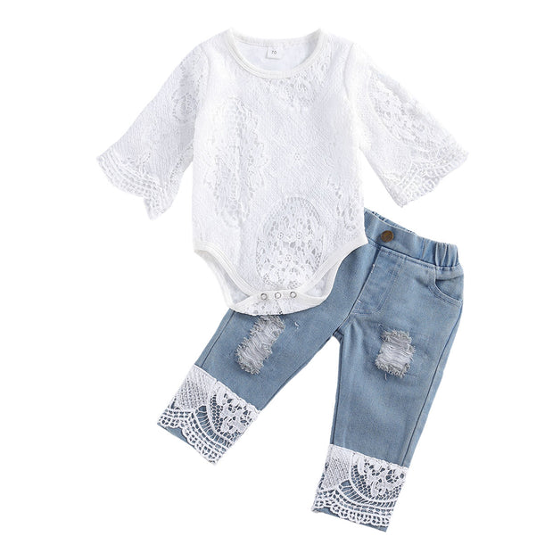 Lacy Jean & Long Sleeve Romper 2PC BABY VIBES & CO.