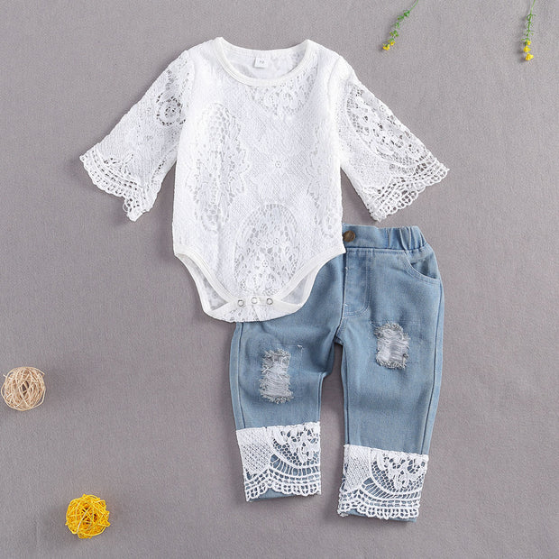 Lacy Jean & Long Sleeve Romper 2PC BABY VIBES & CO.