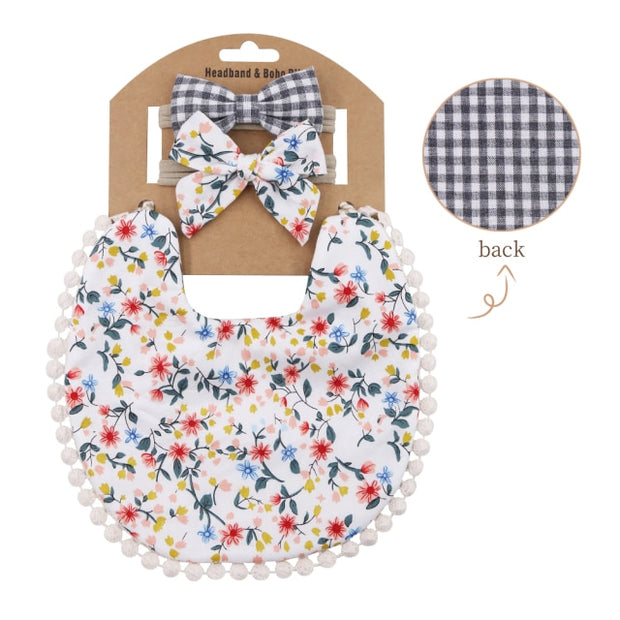 3PC BOHO FLORAL DOUBLE SIDED BIB & BOWS SET BABY VIBES & CO.