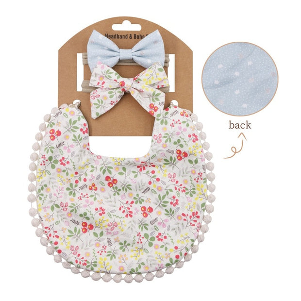 3PC BOHO FLORAL DOUBLE SIDED BIB & BOWS SET BABY VIBES & CO.