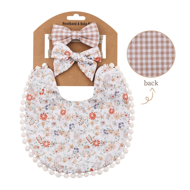 3PC BOHO FLORAL DOUBLE SIDED BIB & BOWS SET BABY VIBES & CO.