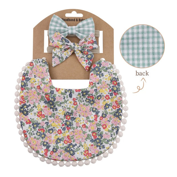 3PC BOHO FLORAL DOUBLE SIDED BIB & BOWS SET BABY VIBES & CO.