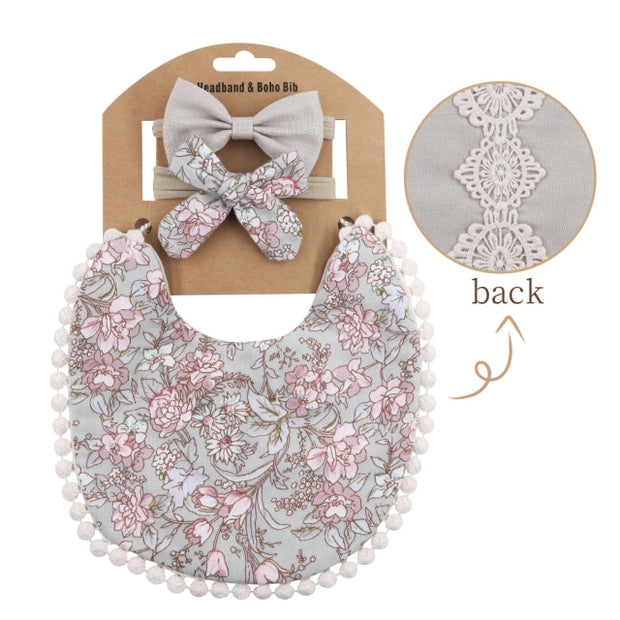 3PC BOHO FLORAL DOUBLE SIDED BIB & BOWS SET BABY VIBES & CO.