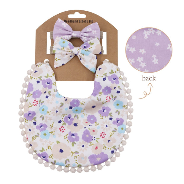 3PC BOHO FLORAL DOUBLE SIDED BIB & BOWS SET BABY VIBES & CO.