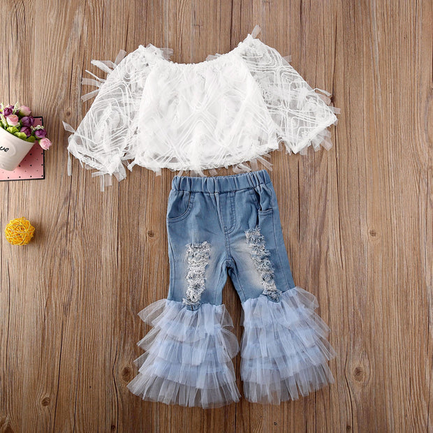 Lacey White Crop Top & Frill Denim Flares 2 PC Set 2T-6T BABY VIBES & CO.