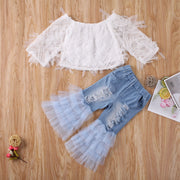 Lacey White Crop Top & Frill Denim Flares 2 PC Set 2T-6T BABY VIBES & CO.