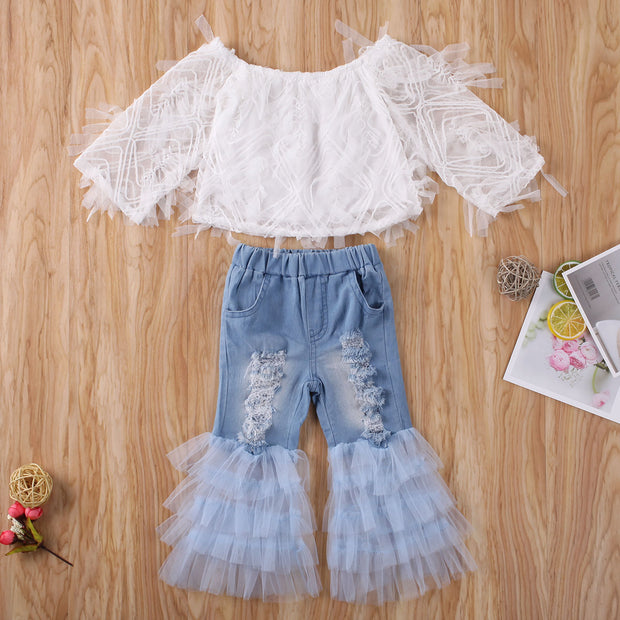 Lacey White Crop Top & Frill Denim Flares 2 PC Set 2T-6T BABY VIBES & CO.