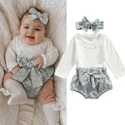 BIXLEY'S RUFFLED LONG SLEEVE + GREYSTONE BUMMIES & BOW 3 PC SET 3M-18M BABY VIBES & CO.