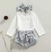 BIXLEY'S RUFFLED LONG SLEEVE + GREYSTONE BUMMIES & BOW 3 PC SET 3M-18M BABY VIBES & CO.