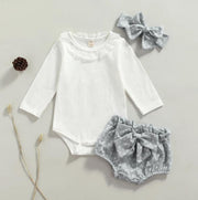 BIXLEY'S RUFFLED LONG SLEEVE + GREYSTONE BUMMIES & BOW 3 PC SET 3M-18M BABY VIBES & CO.