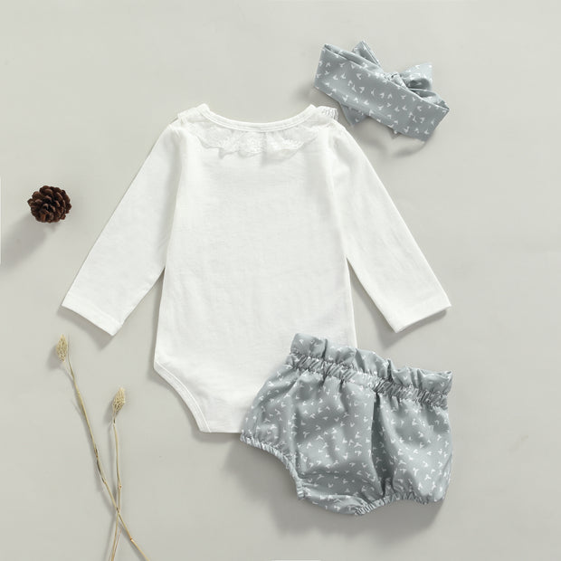 BIXLEY'S RUFFLED LONG SLEEVE + GREYSTONE BUMMIES & BOW 3 PC SET 3M-18M BABY VIBES & CO.