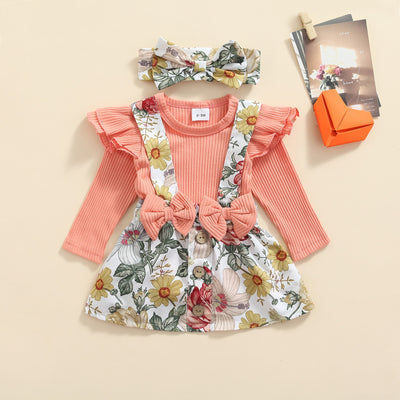 FLORAL & RUFFLED BOWY JUMPER + SUSPENDERS + HEADBAND SET BABY VIBES & CO.