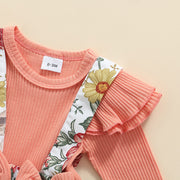 FLORAL & RUFFLED BOWY JUMPER + SUSPENDERS + HEADBAND SET BABY VIBES & CO.